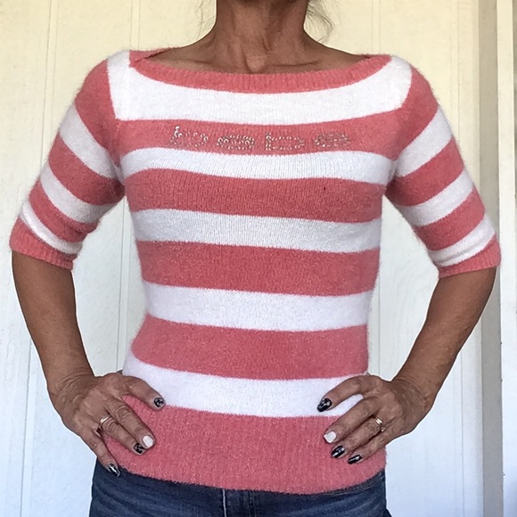 BEBE STRIPED FUZZY ANGORA SWEATER SMALL BELLINI/WHITE SMALL - Picture 4 of 15